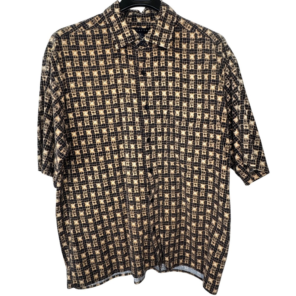 VTG Manhattan Button Up Shirt Mens Medium Short Sleeve Geo 90s Retro Casual